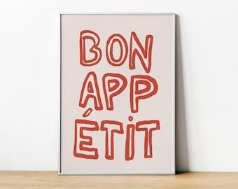Bon Appetit Poster, Küchenwandbild, minimalistisches Küchenposter, trendiges Retro-Food-Art-Poster, modernes Küchenwandbild, Poster mit französischem Typografie-Zitat