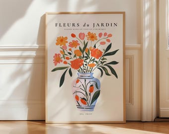 Flower Vase Poster, Flower Market Print, Fleurs du Jardin Bouquet vase Print, Marché Fleurs, Botanical trendy Wall Art,  Boho flower decor