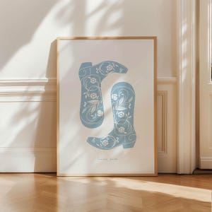 Blue Cowboy Boots Print, Minimalist Southern Wall Art Poster, Rodeo vintage Western Cowgirl Art, Aesthetic trendy Apartment Decor