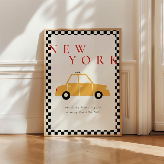 New York City Poster, Yellow Taxi Cab Print NYC decor, Trendy Minimalist Wall Art, aesthetic preppy travel, Retro Travel Poster US Nursery