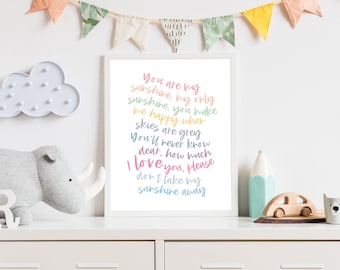 You Are My Sunshine Print, Lyrics Print, Nursery song print, Nursery Rhyme Song Print, kids Bedroom Wall Art, Playroom Print Boho Style