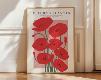 Poppy Poppies Art Print, Botanical Print Poster, Vintage Decor Minimalist, Colorful Dopamine Decor, trendy Wall Art, aesthetic Red Flowers