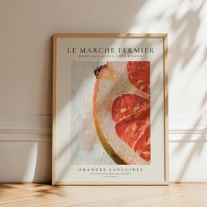 Cartel impreso del mercado de frutas de naranja, cartel de frutas marche aux, impresión de comida vintage, decoración de la cocina, arte de la pared de la cocina de moda, fruta de naranja sanguina