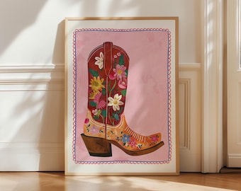 Cowboy Boots Print, Southern Wall Art Poster, Rodeo vintage Western Cowgirl Art, Aesthetic trendy pink Home decor Wild West