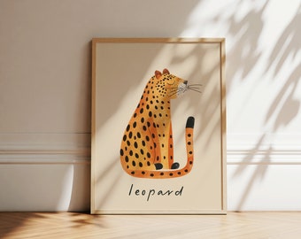Impresiones de vivero de leopardo, cartel de leopardo, estampado de animales para niños, arte de pared de guardería, estampados de animales lindos salvajes de la selva, decoración de la habitación de los niños de moda