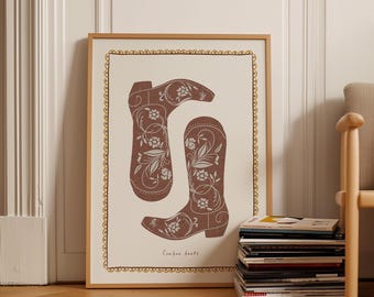 Stampa di stivali da cowboy arrugginiti, poster minimalista da parete del sud, arte vintage da cowgirl western da rodeo, arredamento estetico alla moda per appartamenti nel selvaggio West