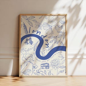 Póster de mapa de viaje de Londres, impresión de flores de Londres, Inglaterra, impresión de pared retro con flores, arte de pared minimalista de moda, arte de pared estético moderno y preppy