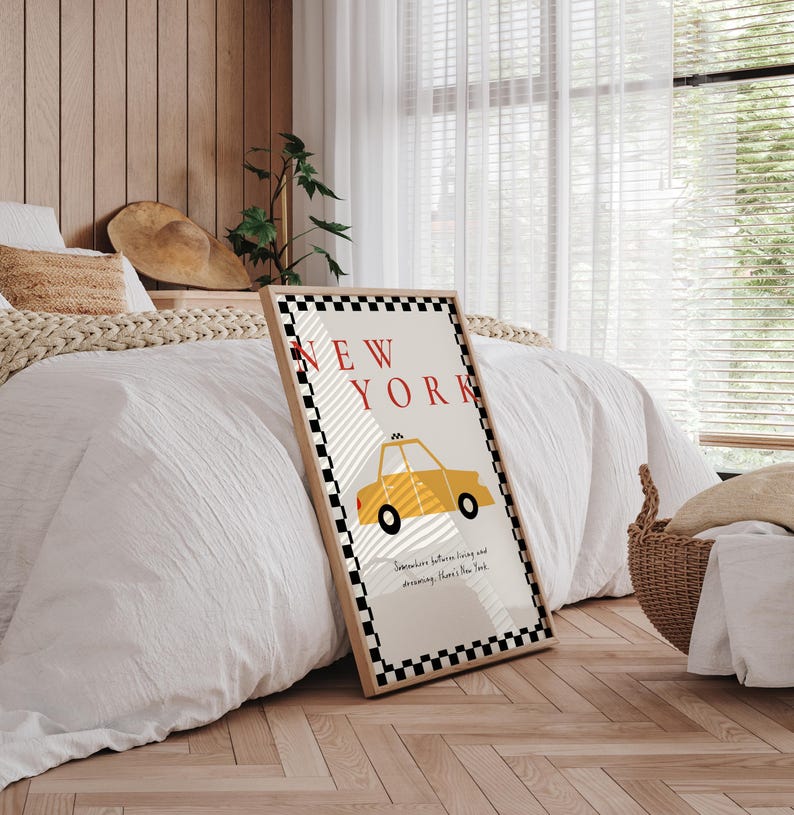 New York City Poster, Yellow Taxi Cab Print NYC decor, Trendy Minimalist Wall Art, aesthetic preppy wall art, Retro Travel Poster US Nursery