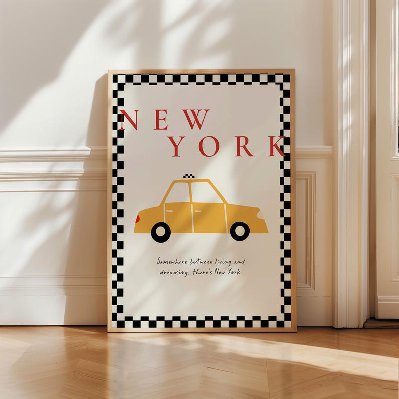 New York City Poster, Yellow Taxi Cab Print NYC decor, Trendy Minimalist Wall Art, aesthetic preppy wall art, Retro Travel Poster US Nursery