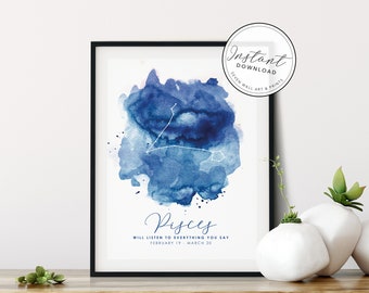 Personalised Zodiac Starsign Wall Art, Pisces Star Sign, Horoscope Zodiac Print, Personalised Constellation Art Print, Zodiac Nursery Gift