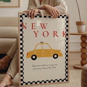 New York City Poster, Yellow Taxi Cab Print NYC decor, Trendy Minimalist Wall Art, aesthetic preppy wall art, Retro Travel Poster US Nursery