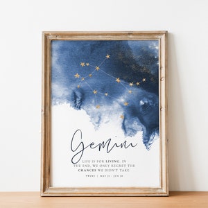 Gemini Zodiac poster, Gemini Constellation Print, Room decor poster, Birthday Gift quote Zodiac birth Month,Star Sign motto, Horoscope Quote