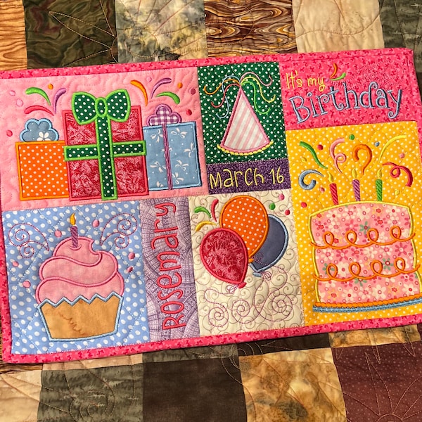 Personalized quilted and embroidered birthday placemat