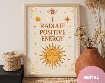 Positive Affirmation Wand Kunst zum Ausdrucken | Ich strahle positive Energie aus Manifestation spirituelles Dekor | Gesetz der Anziehungskraft Poster