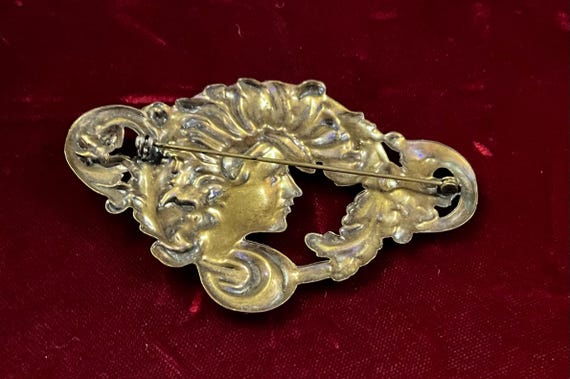 Large Vintage Art Nouveau Stamped Brass Brooch View 4