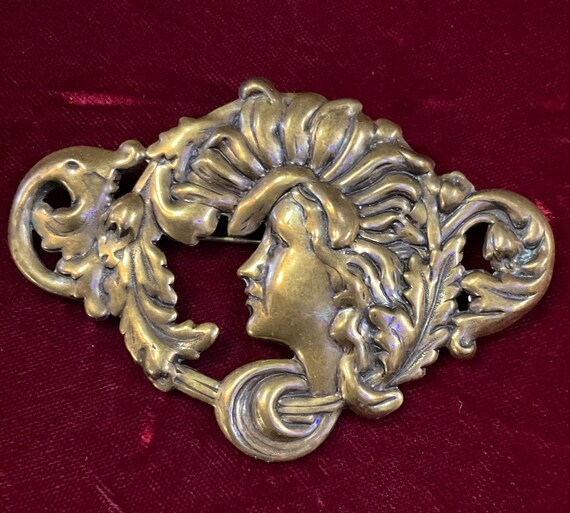 Large Vintage Art Nouveau Stamped Brass Brooch