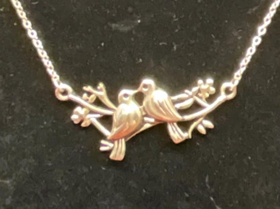 Whimsical Vintage Silver Tone Lovebirds Perched on Branch Necklace