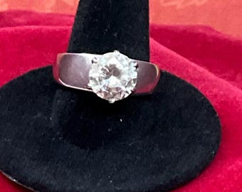 Stunning Vintage TK316 (Tusk Jewelry Grade 316 Stainless Steel) & 8mm Cubic Zurconia Solitaire, Size 9.5 Ring