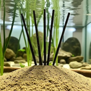 May include: An underwater scene showing a sandy mound with several dark brown sticks emerging. Green aquatic plants and rocks are in the background, creating a natural aquarium setting.