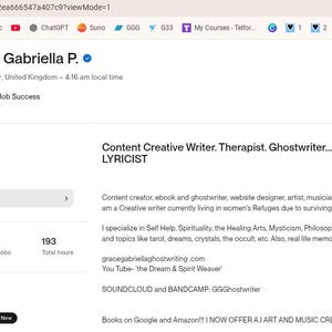 May include: Screenshot of an Upwork profile for Grace Gabriella P., a content creative writer, therapist, ghostwriter, author, and lyricist. The profile shows a photo, location, job success rate, and hourly rate of $44.00. The profile also lists skills and experience.