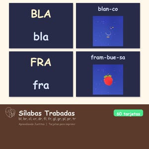 May include: Educational flashcards with the words "BLA", "bla", "FRA", and "fra" on a dark blue background. Other flashcards show a strawberry and a night sky with the words "fram-bue-sa" and "blan-co". The cards are for learning syllables.