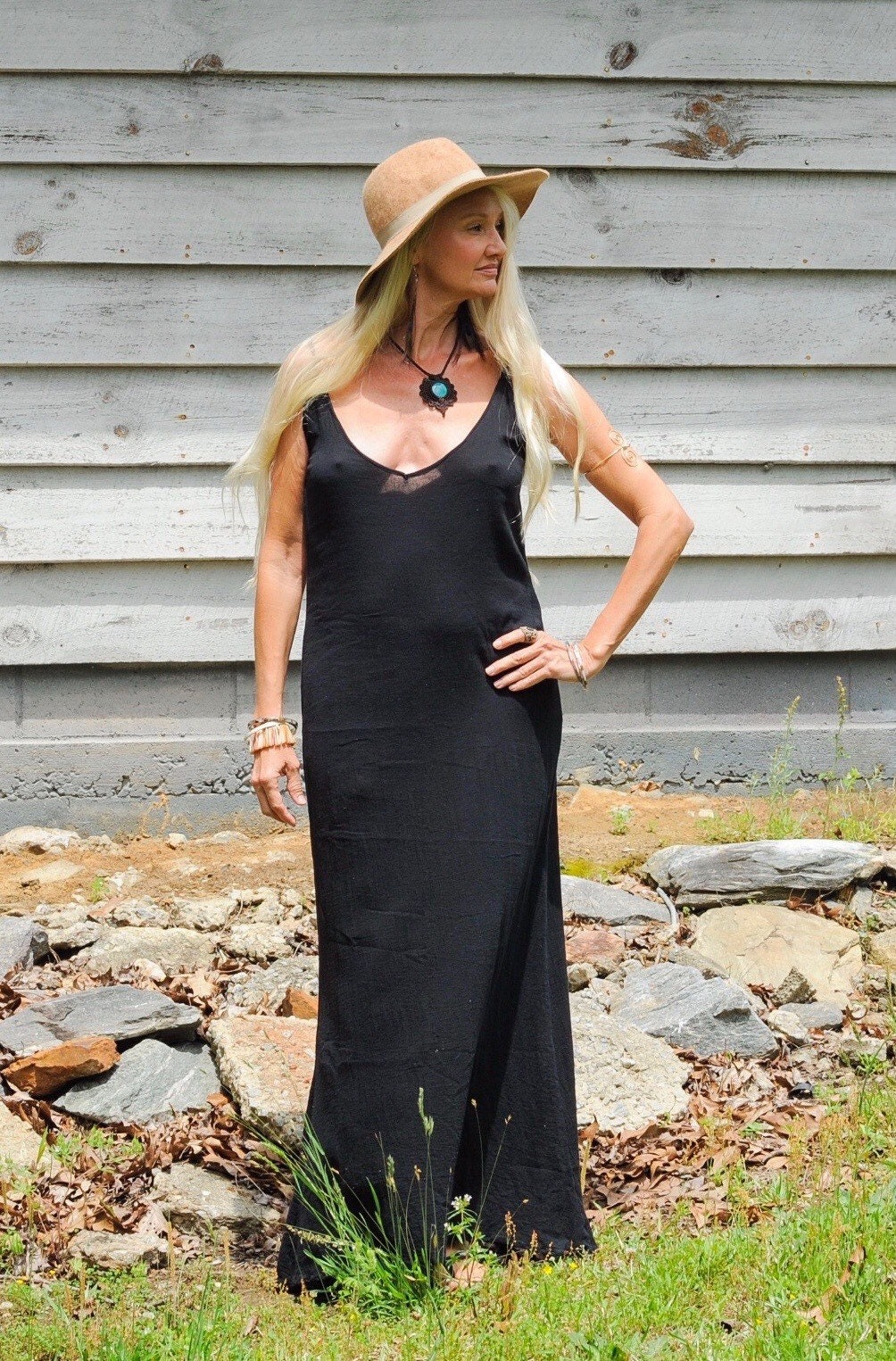 Maxi Dress, Long Black Beach Dress, Tropical Womens Wear, Deep V Dress ...