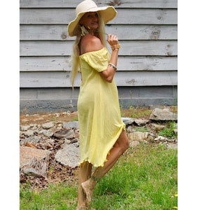 Off Shoulder Dress, Midi Summer Dress, High Low Strapless Dress, Yellow Beach Dress, Women Cover-ups , Gauze Short Sleeve Dress, Beach wear