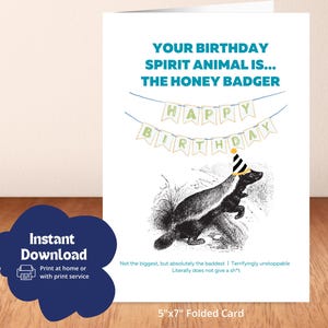 Carte d'anniversaire amusante - Animal esprit blaireau au miel - Carte pliée imprimable 5 x 7 - Carte de voeux drôle de joyeux anniversaire