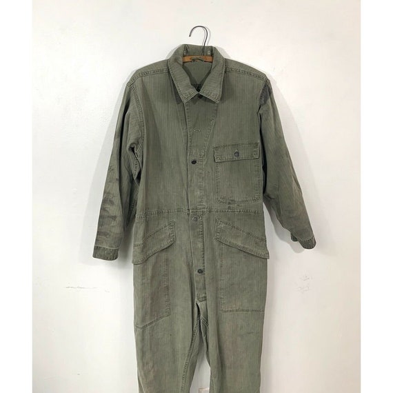 1940s WW 2 WW II Military Coveralls Green Herringb