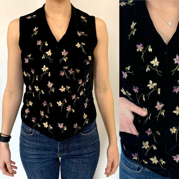 S 1900s Antique Black Vest Silk Velvet Womens Blac