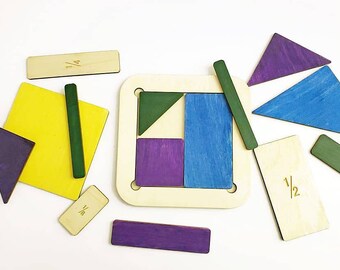 Colorful Fraction Tiles - Handmade - A Learning Tool - Math Play Set - Geometry Puzzle - Shapes - Wooden Tiles