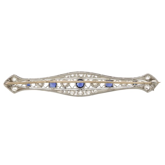 Exquisite Edwardian Filigree Bar Brooch with Sapp… - image 3