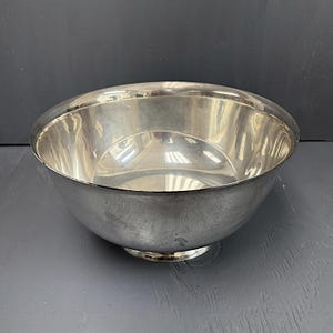May include: A polished silver-toned metal bowl with a smooth, reflective surface and a rounded, deep basin. The bowl features a wide, circular rim and sits on a small, raised circular pedestal base, showcasing a clean, simple, and functional design.
