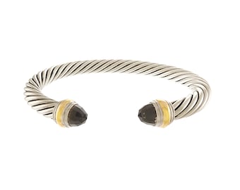 David Yurman 7mm Cable Bracelet with Checkerboard Smokey Quartz in Sterling Silver and 14k Yellow Gold