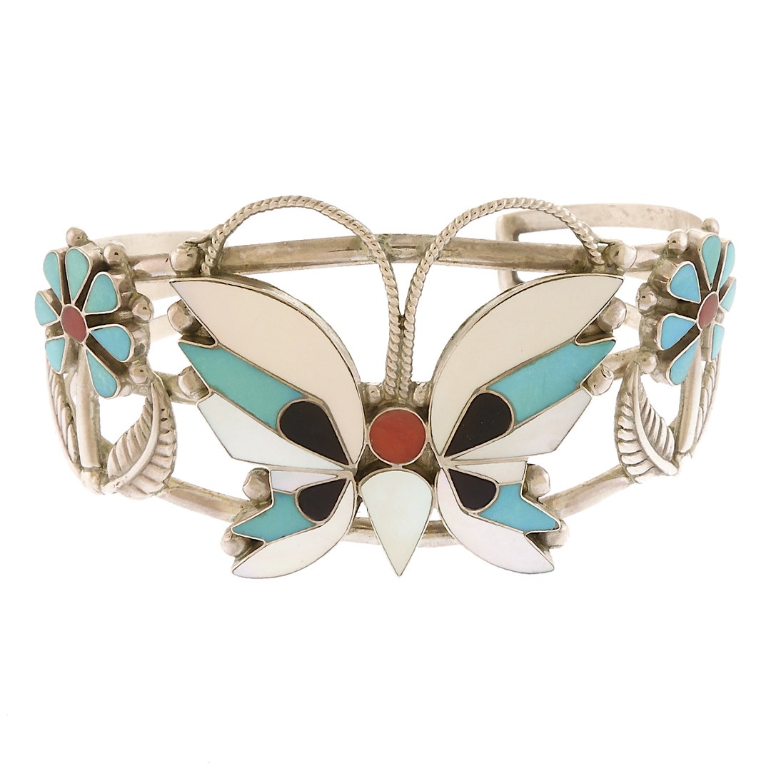 Zuni Inlay Sterling Silver Butterfly Cuff Bracelet, Rosita Wallace