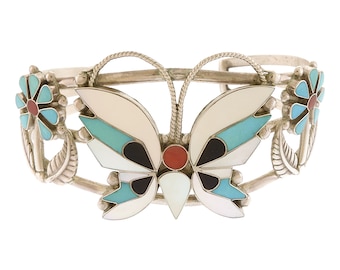 Beautiful Inlay & Sterling Silver Butterfly Cuff by Zuni Artist Rosita Wallace