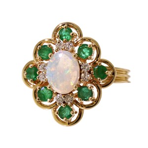 Romantic Opal Emerald and Diamond ring in 14k Yellow Gold