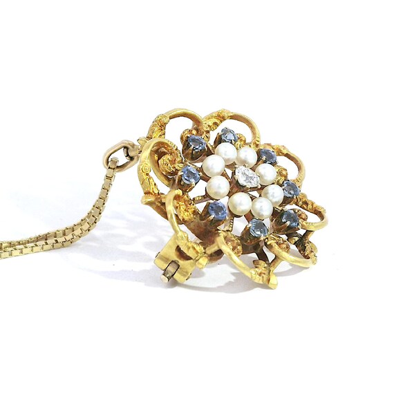 Victorian Montana Sapphire, Diamond & Pearl Brooc… - image 3