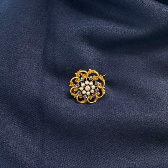 Victorian Montana Sapphire, Diamond & Pearl Brooc… - image 8