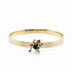 Jade & Ruby Frog Hinged Bangle Bracelet 14K Yellow Gold