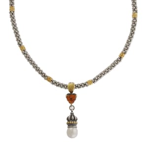 Authentic Lagos Madeira Quartz & Pearl Drop Caviar Pendant with Two-Tone Beaded Necklace in 18k Yellow Gold and Sterling Silver