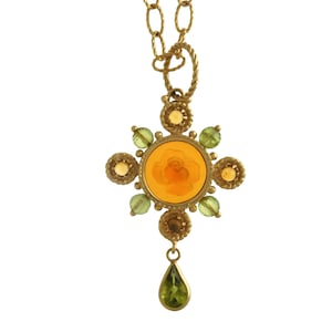 Authentic Tagliamonte Carved Venetian Glass Cameo Pendant with Citrine and Peridot in 14k Gold