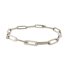 Classy Paperclip Linked Bracelet with Diamonds in 14k White Gold, 8”