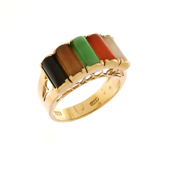 Vintage Multi-Colored Jade Ring in 14k Yellow Gold - image 1