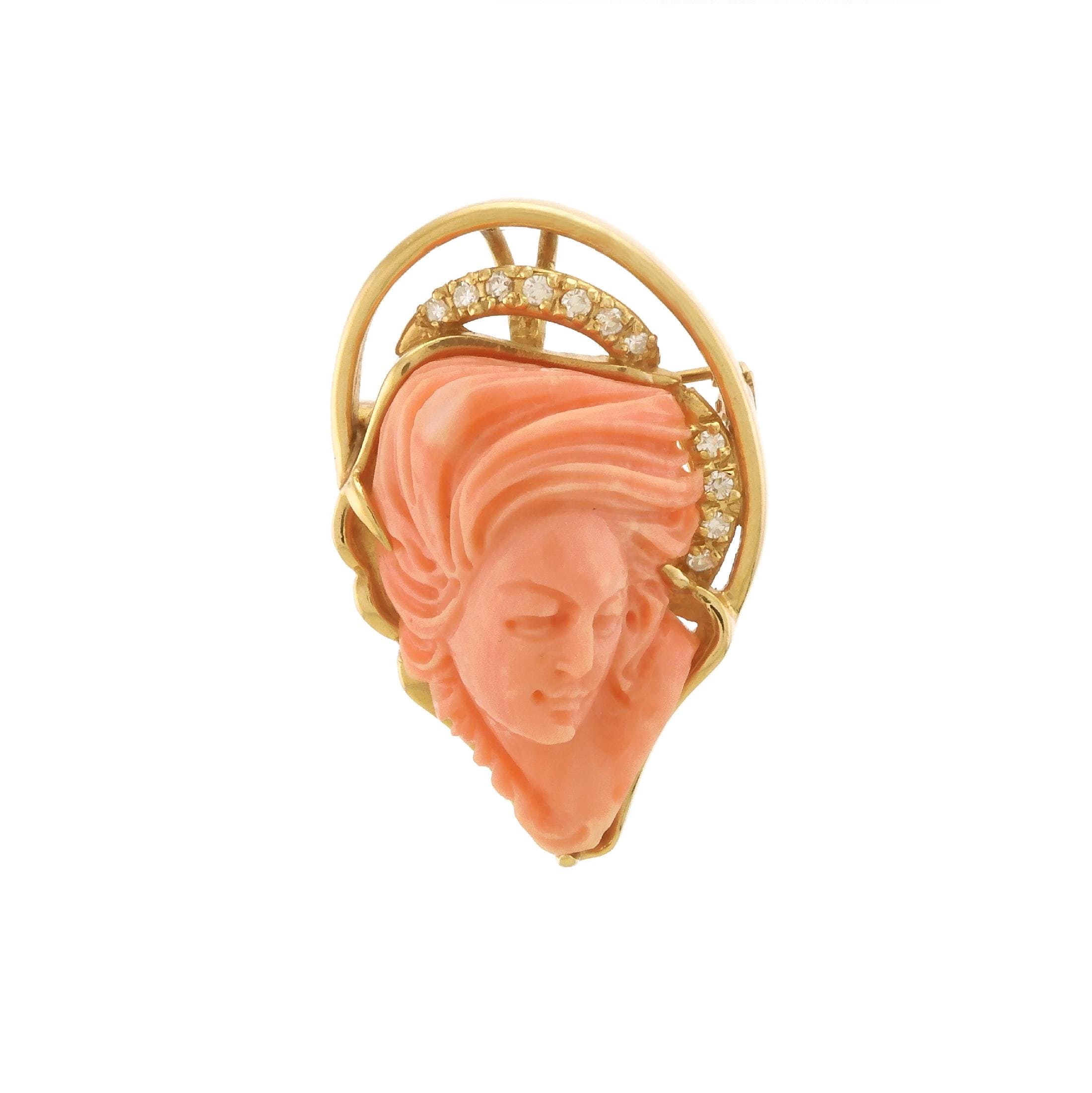 アンティークコーラルカメオブローチ 希少なヴィンテージ彫刻のエンジェルスキン コーラル カメオ ブローチ