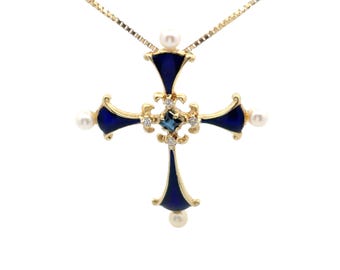 Blue Enamel Sapphire Diamond Pearl Cross in 14k Yellow Gold