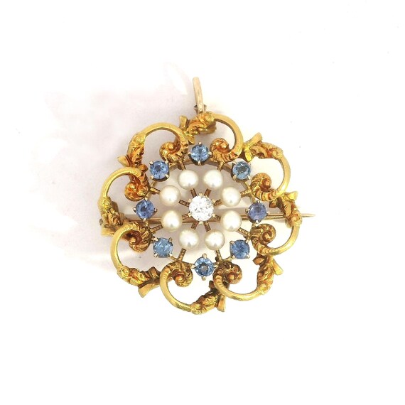 Victorian Montana Sapphire, Diamond & Pearl Brooc… - image 1
