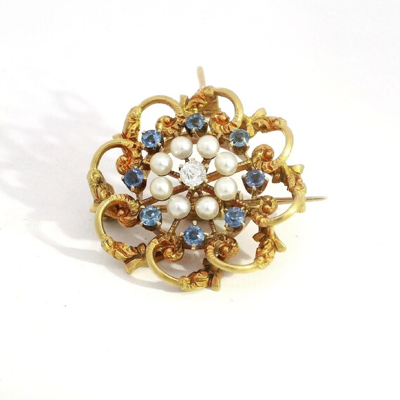 Victorian Montana Sapphire, Diamond & Pearl Brooc… - image 5