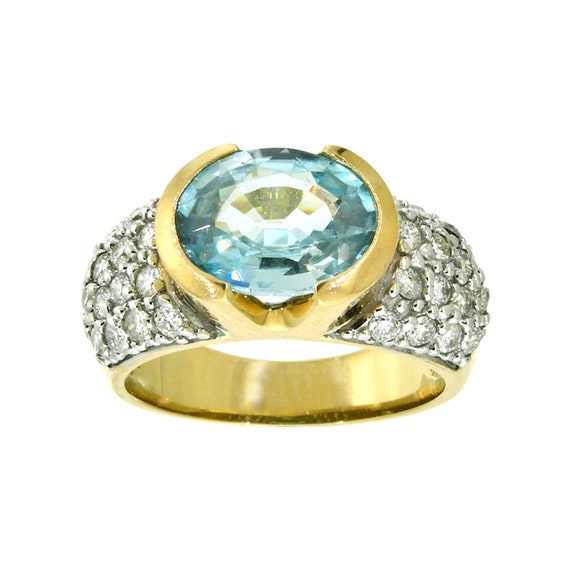 Tantalizing Blue Zircon and Diamond Ring in 14K Y… - image 1