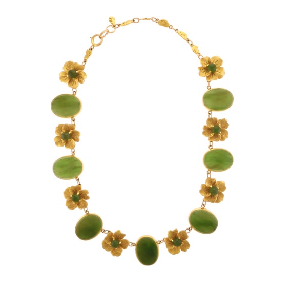 Eye-Catching Vintage Nephrite Jade and Floral Nec… - image 1